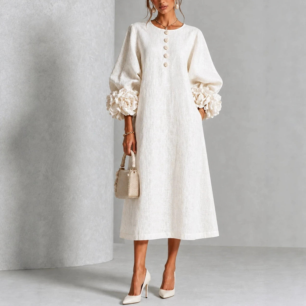 Elodie | Rosette-Cuff Midi Dress