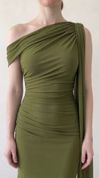 Olive Green | One Shoulder Ruched Maxi Dress