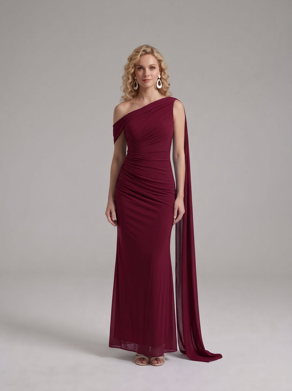 Burgundy | One Shoulder Ruched Maxi Dress