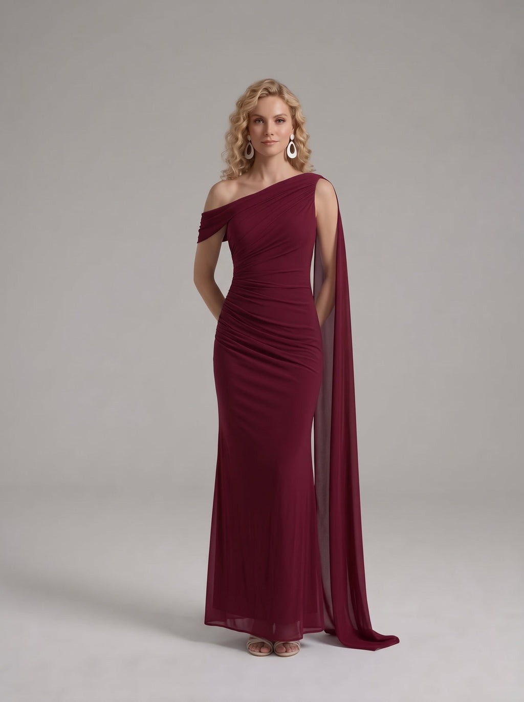 Burgundy | One Shoulder Ruched Maxi Dress