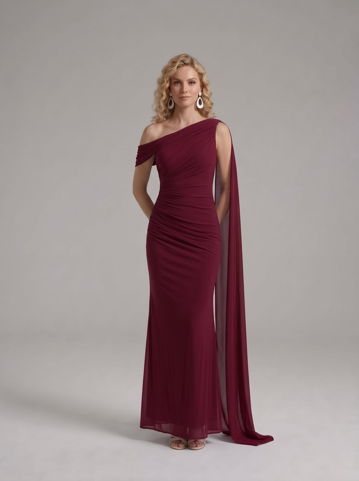 Burgundy | One Shoulder Ruched Maxi Dress