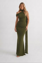 Olive Green | One Shoulder Ruched Maxi Dress