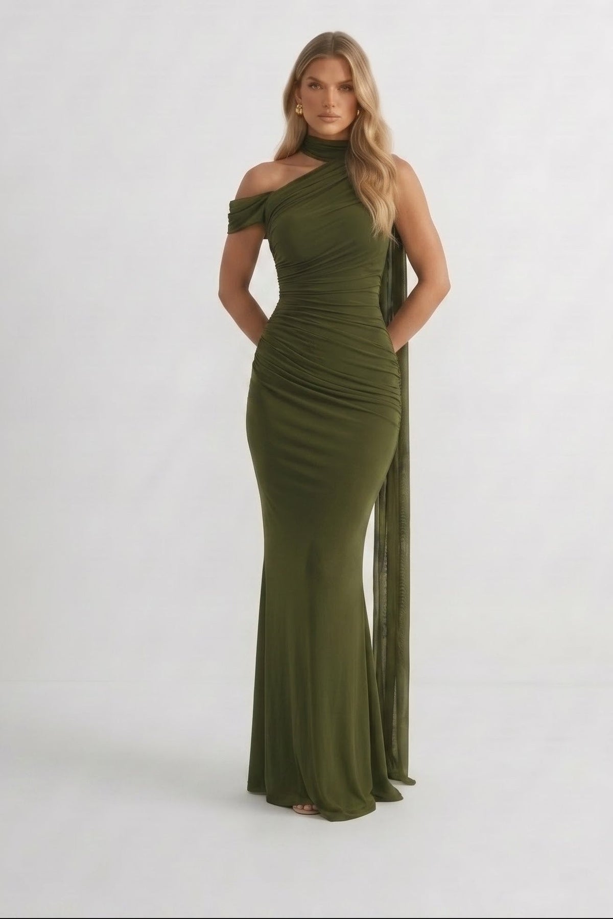 Olive Green | One Shoulder Ruched Maxi Dress