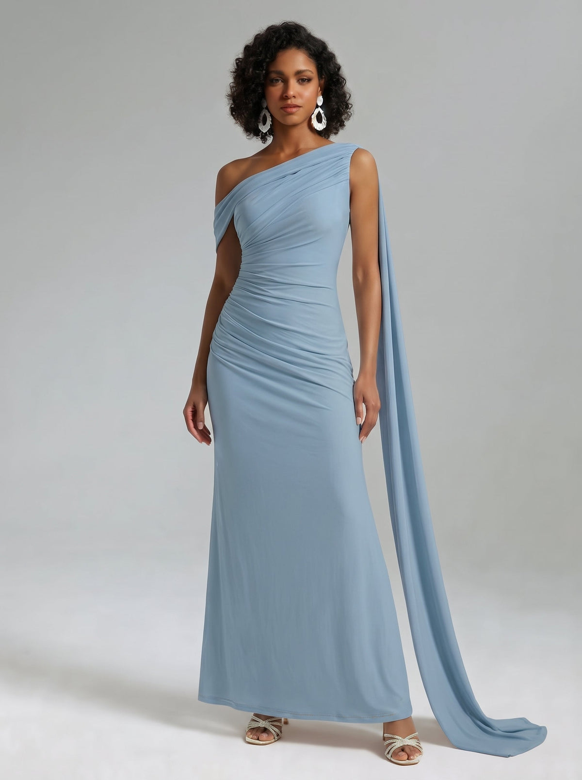 Blue |  One Shoulder Ruched Maxi Dress