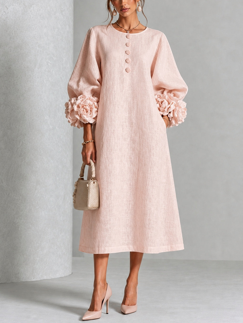 Iselle | Rosette-Cuff Midi Dress