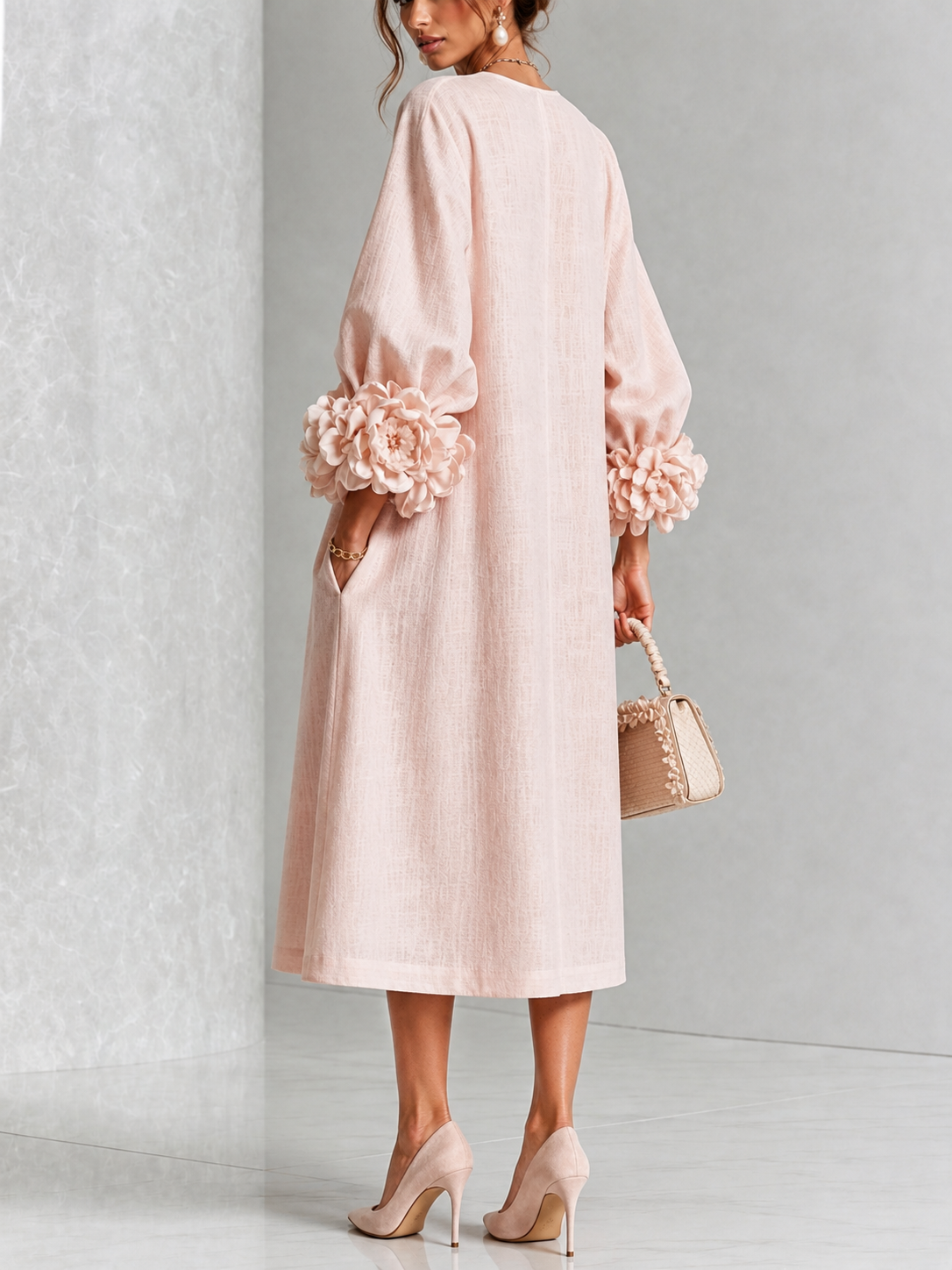 Iselle | Rosette-Cuff Midi Dress