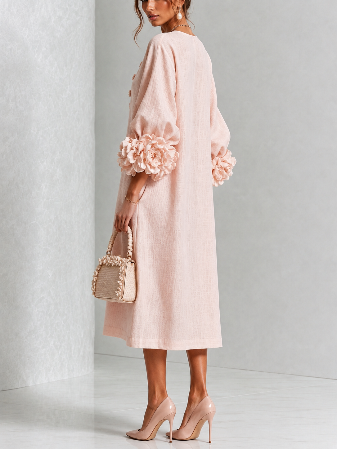 Elodie | Rosette-Cuff Midi Dress